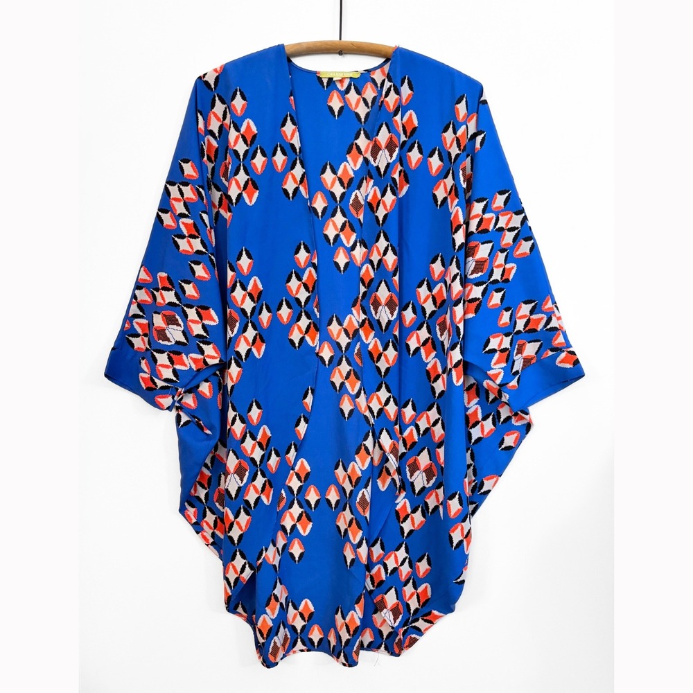 Gianni Bini Womens Geometric Ikat Open Front Kimono Cardigan Oversized M Blue